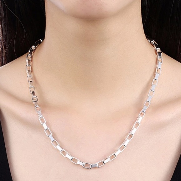 Sterling Silver Box Chain Link Unisex Necklace - Picture 4 of 6